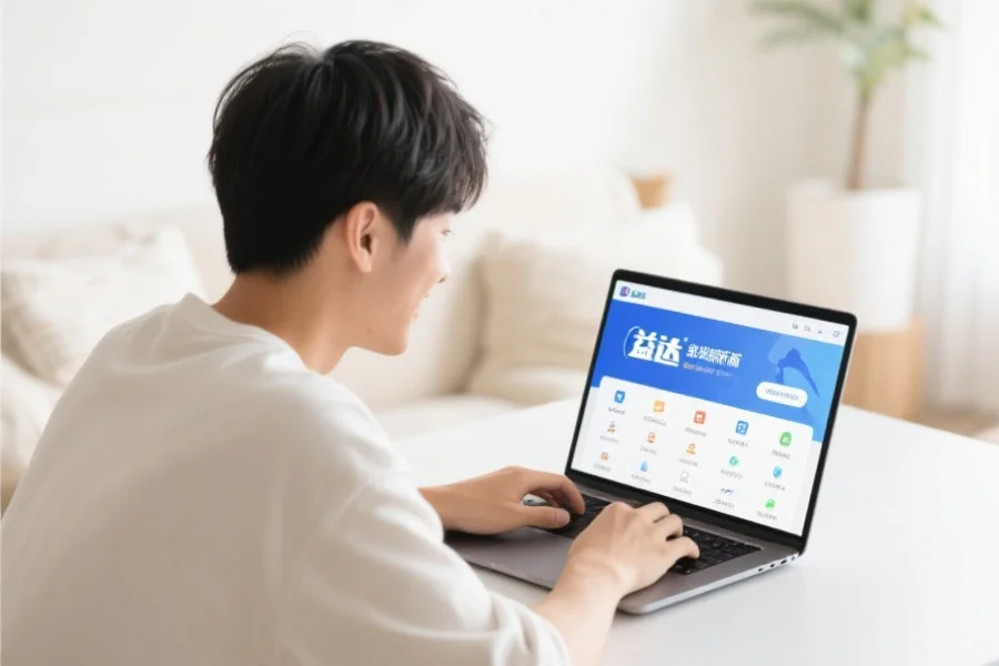 一位年轻用户在明亮舒适的室内环境中愉快地使用笔记本电脑，屏幕上展示万向客户端新版界面
